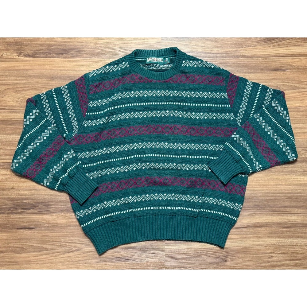 Vintage American Eagle Mens Green Fair Isle Cotton Knit Sweater USA Sz L